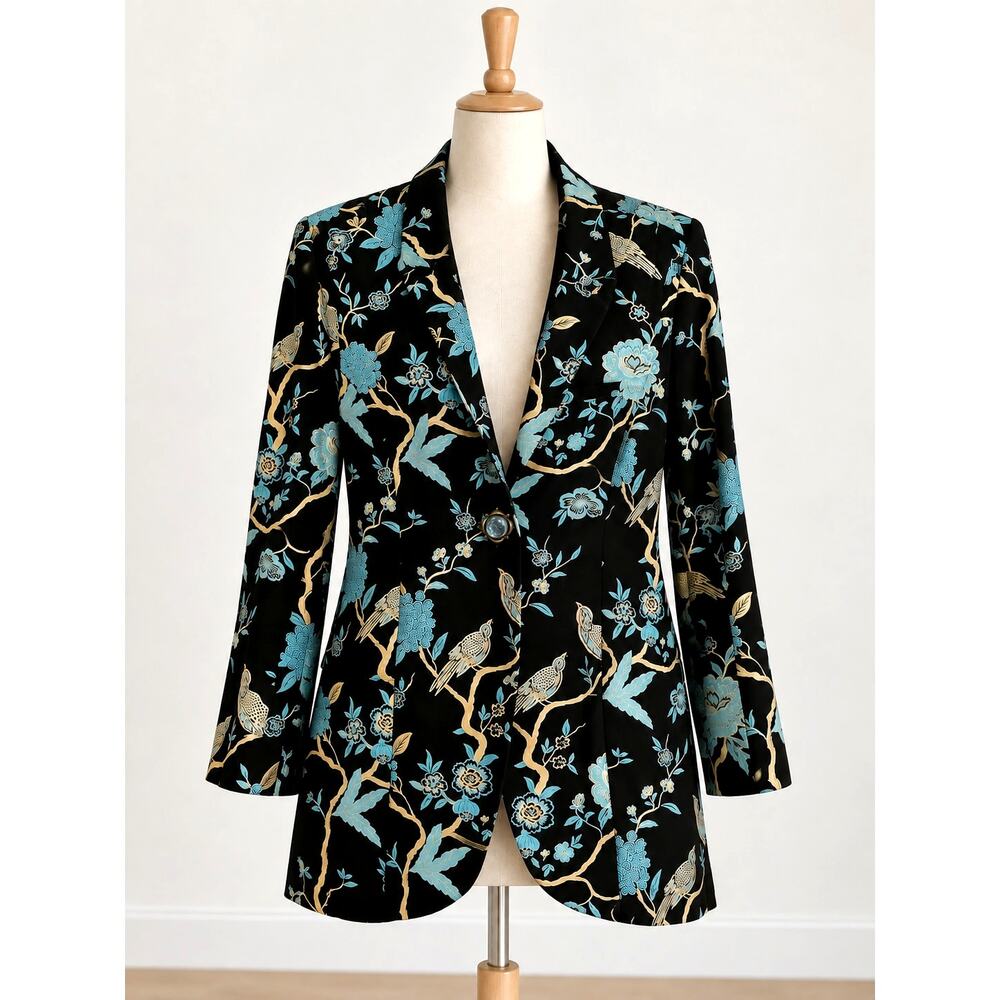 Soft Surroundings Blazer Chinoiserie Bird Floral Black Aqua Gold Size Large